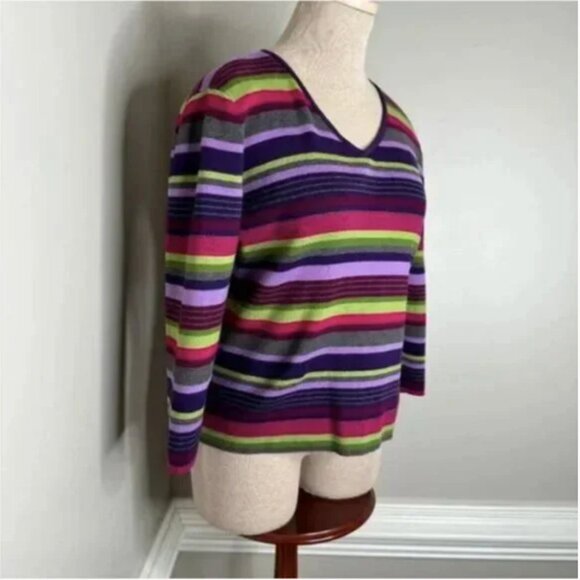 Talbots Striped V-Neck 3/4 Sleeve Sweater Size Purple Green Petite Small - Picture 3 of 6